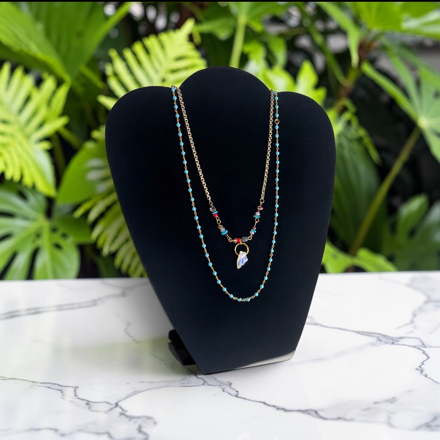 Solstice Shore — sustainable handmade layered necklace in Natural Opal and Turquoise or Dyed Howlite Beads by Lux N Leaf