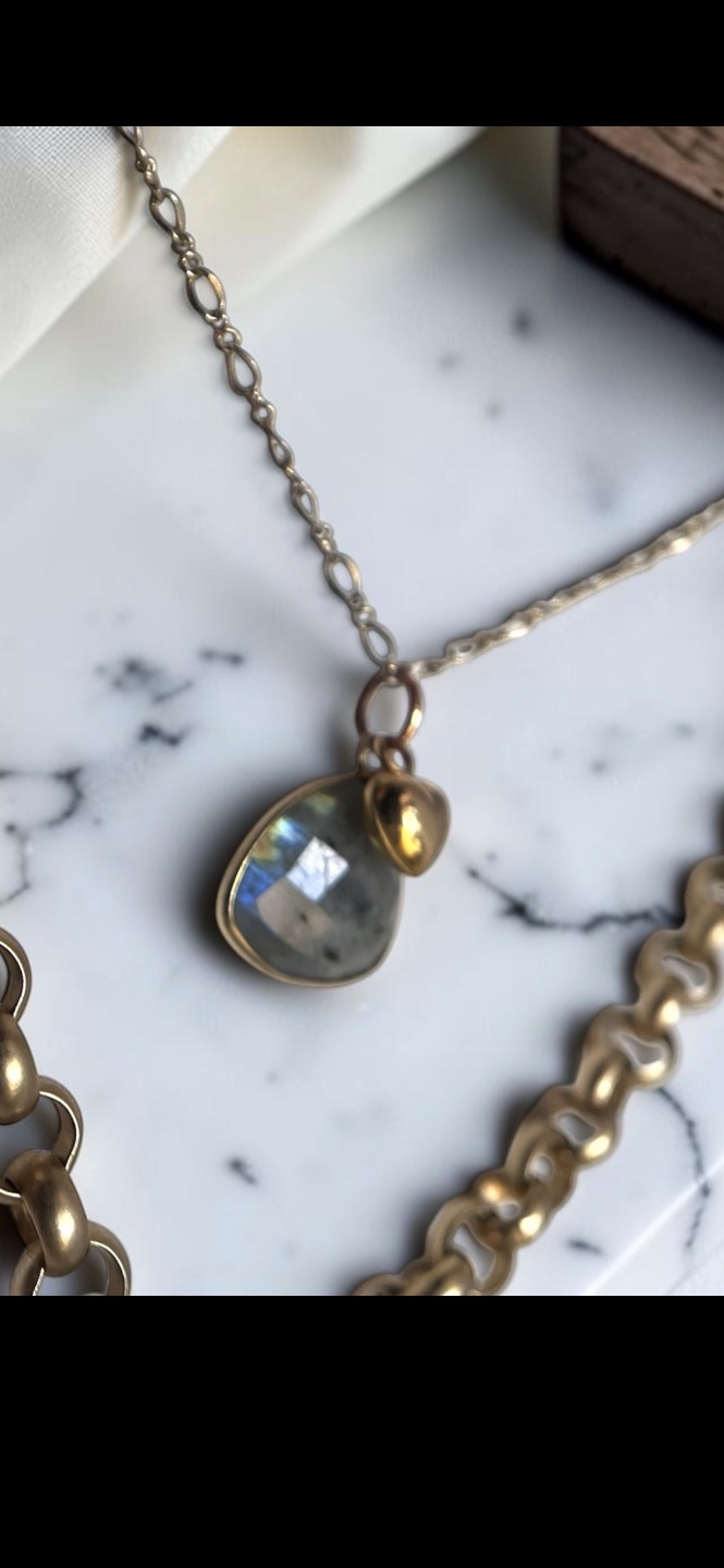 Labradorite Reverie — handcrafted small-batch jewelry from eco-luxe Reclaimed Labradorite and Freshwater Pearls materials, sculptural statement piece close-up
