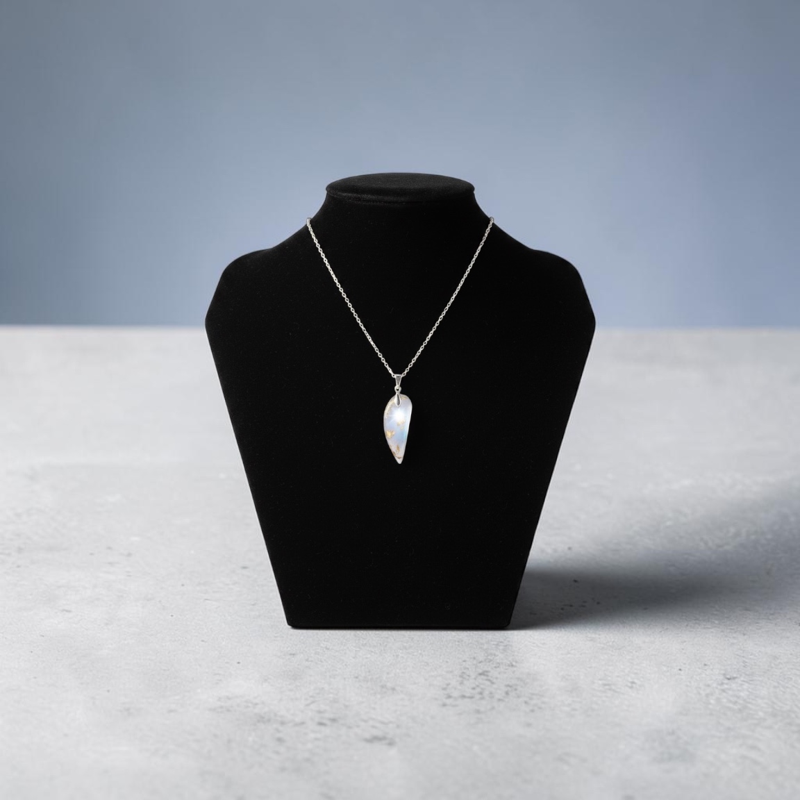 Moonfall Resonance — handcrafted small-batch jewelry from eco-luxe Reclaimed Chain & Pinch Bail and Crushed Opal materials, sculptural statement piece close-up